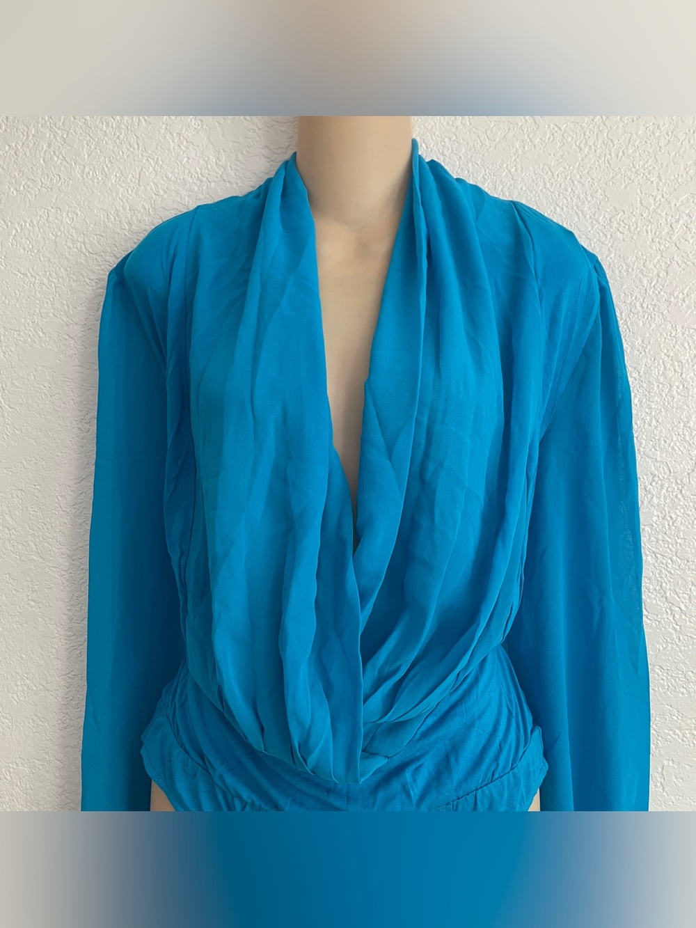 NY&Co Eva Mendes Collection Turquoise Blue Draped Long Sleeve Bodysuit Large NWT - Picture 3 of 7